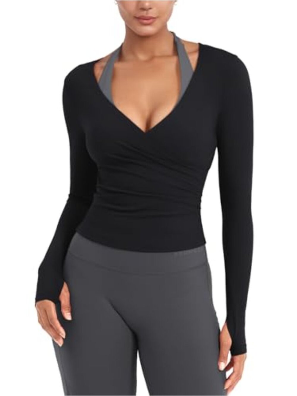 Women's Wrap Long Sleeve Shirt with Thumb Loops V-Neck Activewear